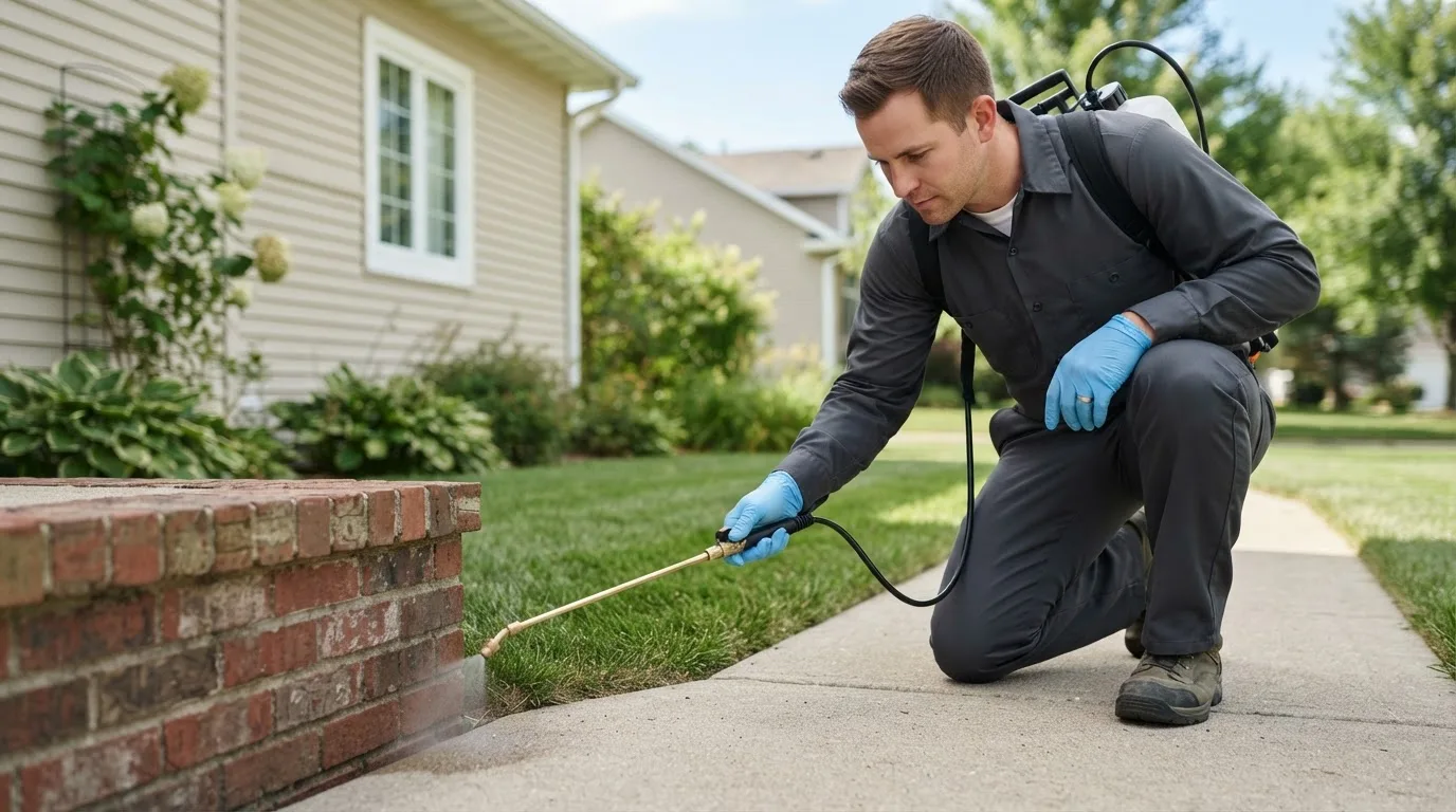 Pest control technician treating a home near Stanley, WI